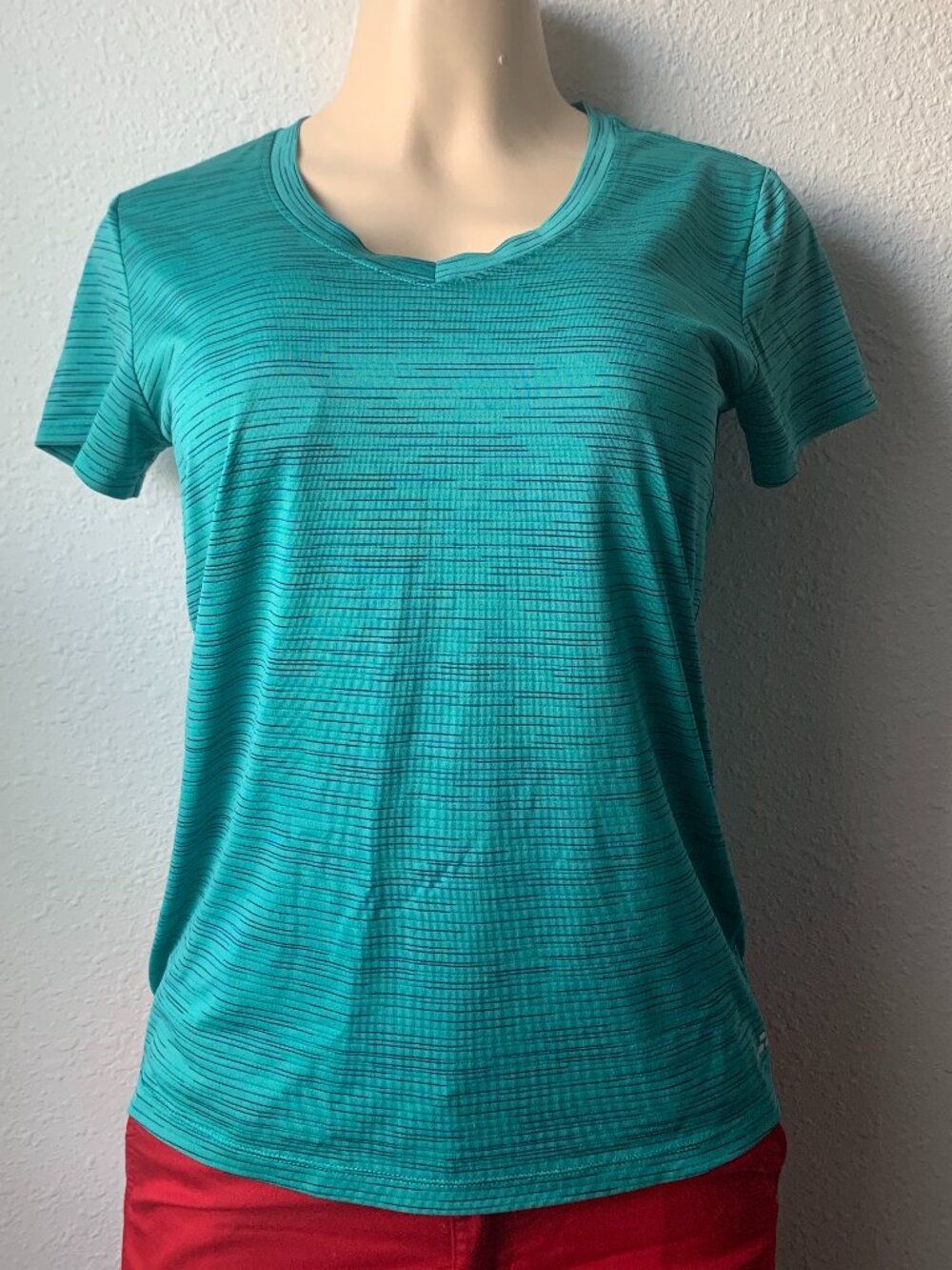 BCG Womens Small V-Neck Athletic T-Shirt Teal Blue Striped Short Sleeve Top